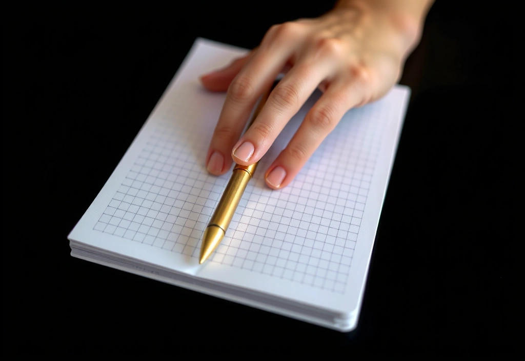 Ręka z długopisem nad notesem z siatką geometryczną.